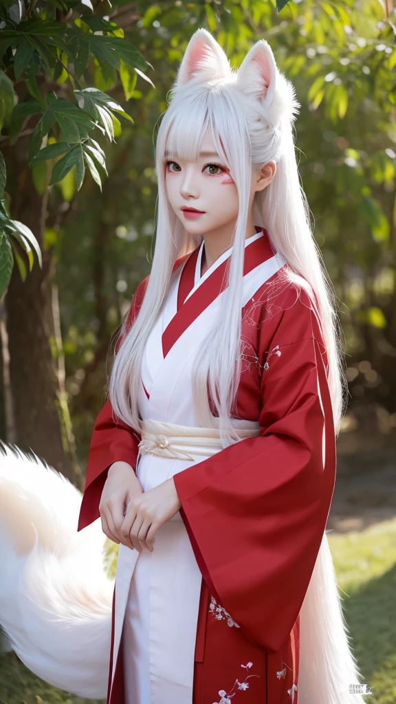 White Demon Fox、Nine-tailed Fox、Japanese women、kimono、Fair skin、Red lines on face、8K、I have long hair