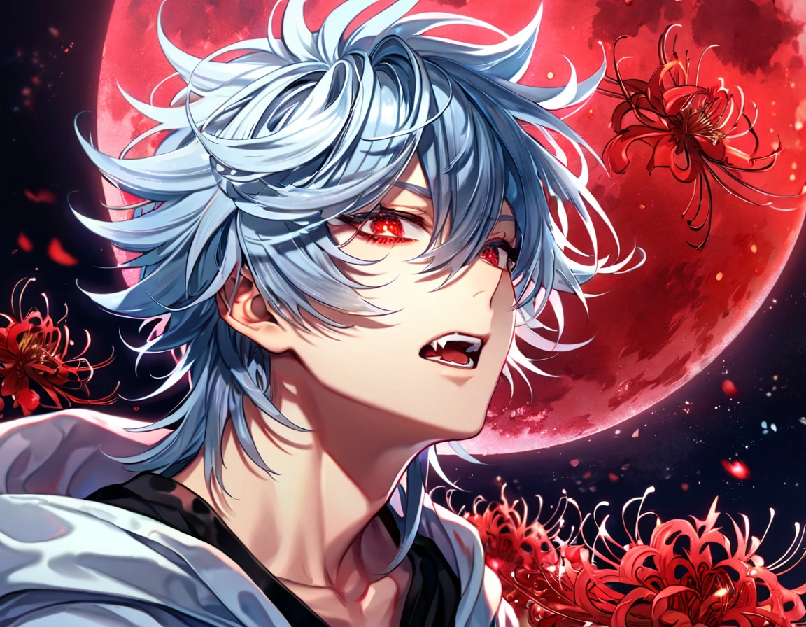 absurdres, highres, ultra detailed, HDR, master piece, best quality, extremely detailed, Kuro, light-blue hair, messy hair, expressive red eyes, Servamp, solo, sexy man, handsome, sensual, fangs, light blue hooded coat, black shirt, fantasy, red blood water, sparkling, red glittering fireflies, red moon, red blossoms, red spider lilies, red sparkling lights, starry sky, magical