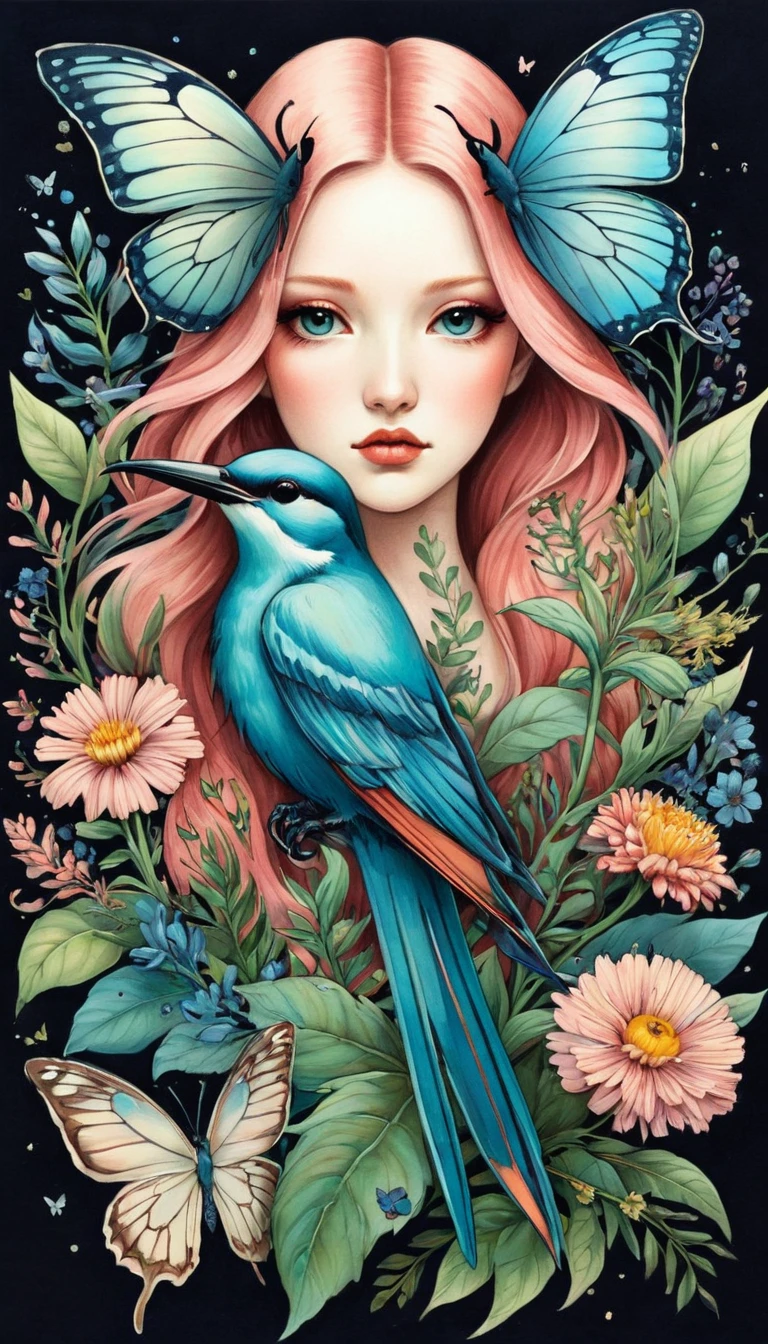 Simple illustration：Inspired by Marco Mazzoni,Bird on portrait、Butterfly、Plants and flowers。