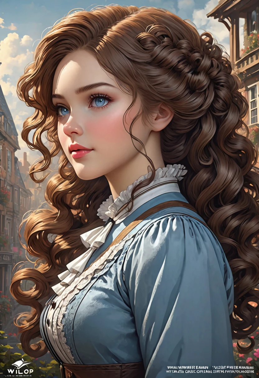 Beautiful Dickensian woman. A proper Lady, modest, moral, prim & proper. Innocent. with hair that is coarse, wiry, and tightly curled. It often has a rough texture, feels stiff to the touch, and may be prone to frizz and tangling. The curls can be densely packed. . The Official Art – An Award-Winning Digital Masterpiece In 4K Ultra HD, Extreme Detail And Intricate Realism. This Concept Art Brought To Life By The Hands Of Artists Like Wlop & Artgerm In A Stunning 2D Vector Illustration. Paige Renee Spiranac. LArge, perky, full, well shaped pleasing breasts. Background is a panoramic vista.