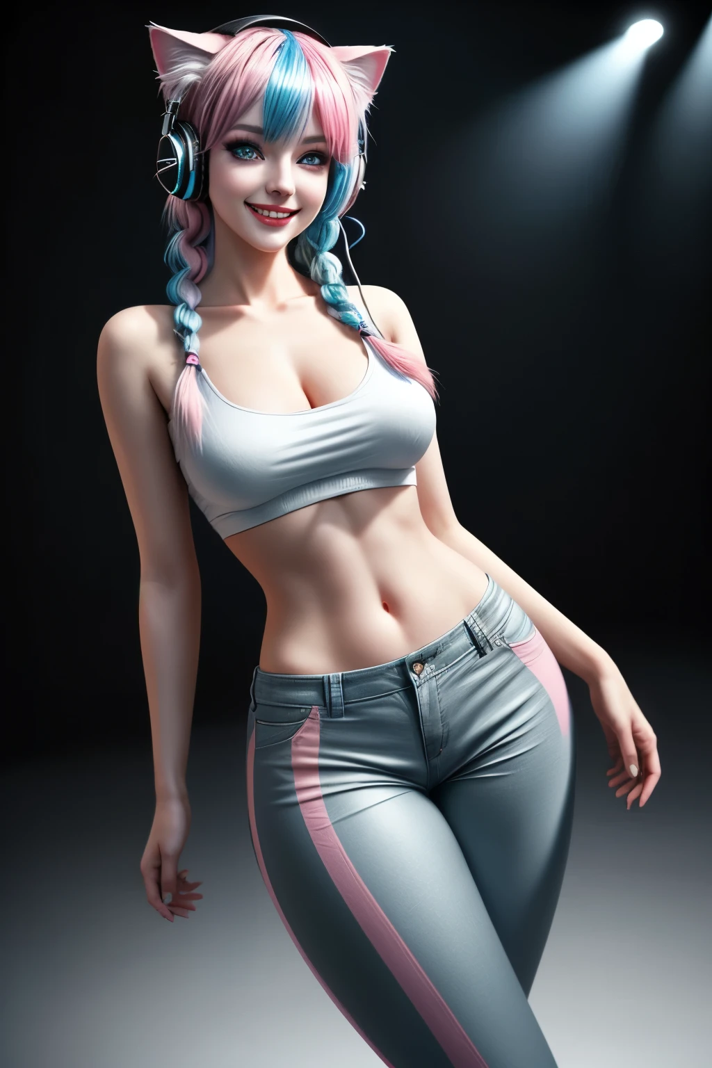 1 garota, coxas grandes, bunda grande, seios grandes, pose sexy, postura sexy, calça comprida, top branco, salto alto, multicolored hair, light blue hair, pink hair, long hair, twin braids, amber eyes, cat ear headphones, makeup, grin, cinematic lighting, high detail, wide shot, UHD, anatomically correct, super detail, high details, high quality, highres, best quality, 8k