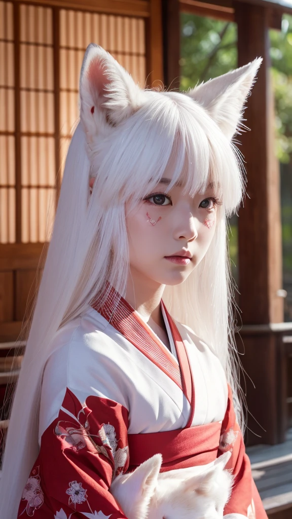 White Demon Fox、Nine-tailed Fox、Japanese women、kimono、Fair skin、Red lines on face、8K、I have long hair