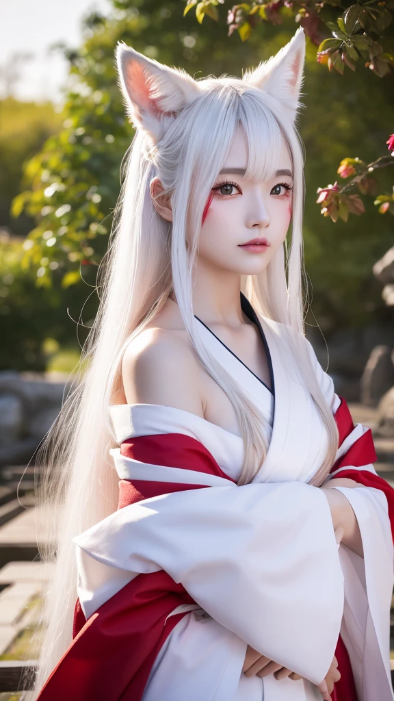 White Demon Fox、Nine-tailed Fox、Japanese women、kimono、Fair skin、Red lines on face、8K、I have long hair