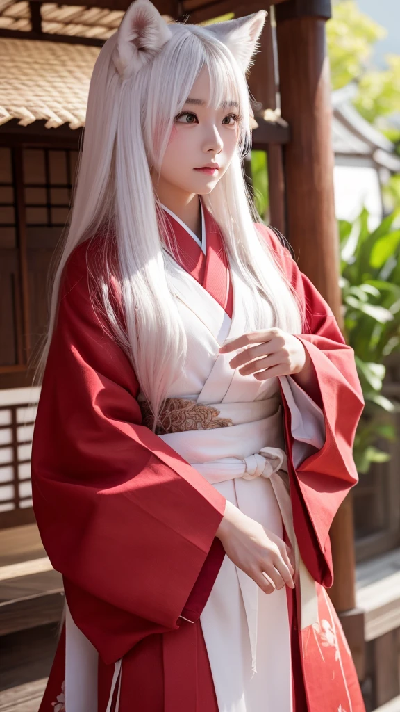 White Demon Fox、Nine-tailed Fox、Japanese women、kimono、Fair skin、Red lines on face、8K、I have long hair