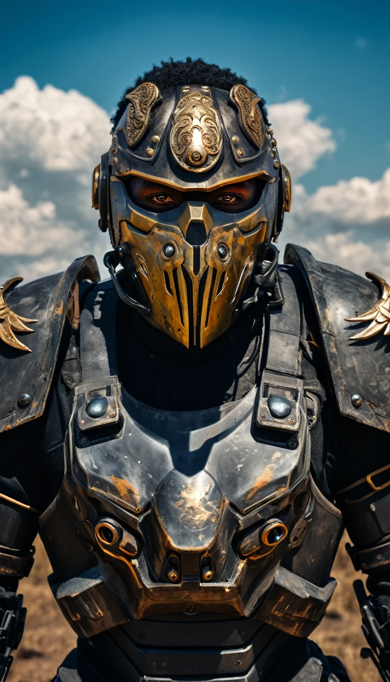 Close-up of a handsome male buffalo soldier, half human, half beast, their faces partially obscured by military mask. Their eyes are filled with hapiness and longing. The background is a trail of blood and violence. He wears a mechanized robot armor, carved with animal elements, human skulls. The sky is filled with swirling, fiery clouds. The photo conveys a strong sense of the warrior's appearance, ((screaming))