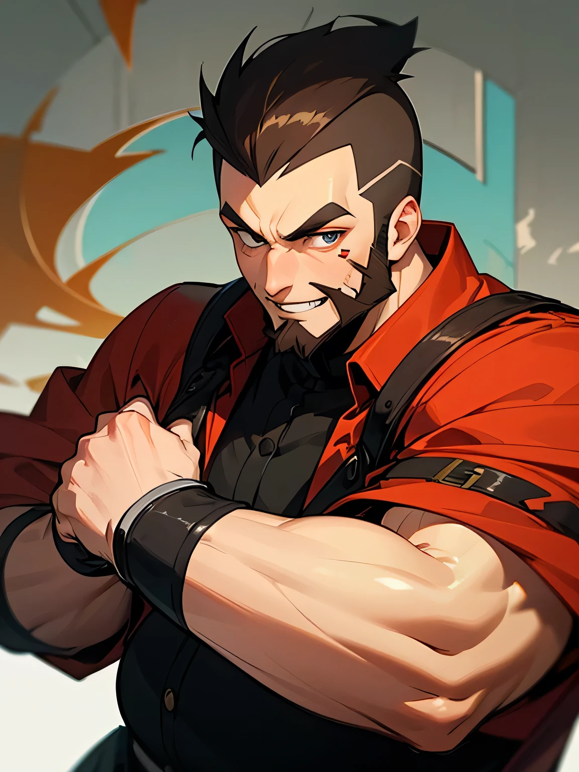 solo, upperbody, man, very short side shaved,brown Mohawk haircut ,buzz cut, (round face:1.2),big forehead, male's eye, male's nose, male's mouth, handsome male features,beard:-0.2, plump:1.2, ,muscles, grin, noble black aristocrat costume,stylish fighting stance, graffiti,