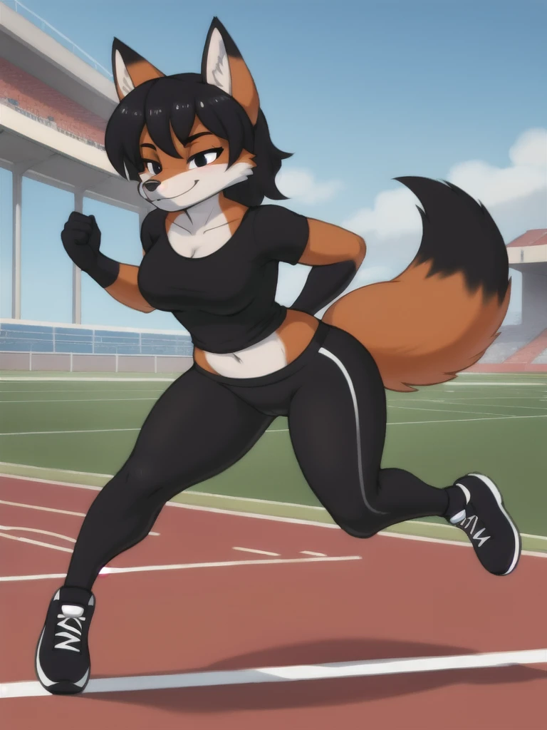 Furry, fox, female, black shirt, black leggings, shoes, running track, solo, full body