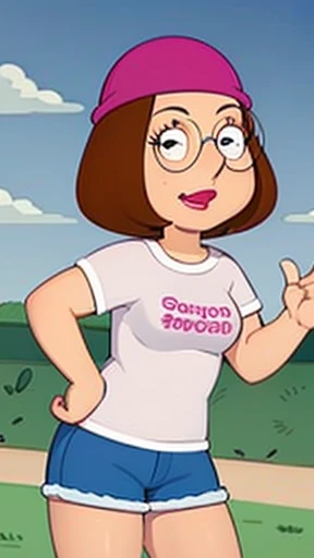Meg griffin family guy, brown hair, black eyes, bob hair, forehead, glasses, pink beanie, cactus venus logo beanie, red lips, white shirt, denim skirt, cactus venus logo shirt, short sleeves, white earrings, hoop earrings with cactus venus at the buttom, desert, cactus, sharp focus, outdoors, sky, cloudy sky,
