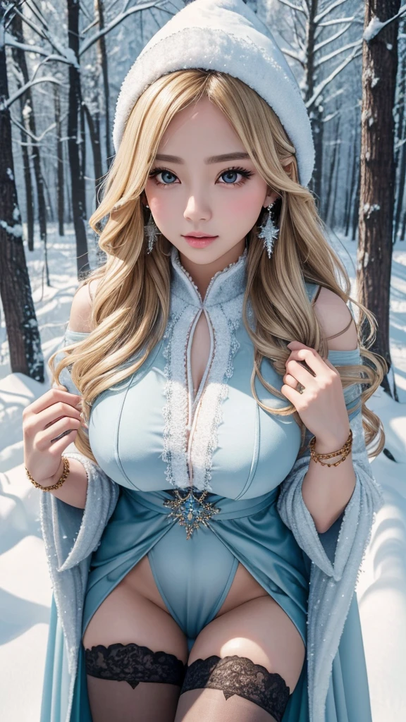 The wizard of winter is casting a spell in a quiet forest covered with snow. His robe is made of snow crystals, and he has an ice staff in his hand. 8k , HD, highly detailed, realistic, photography, photo realism, --ar 9:16 -- at 6.0 --s 750,19 years old, alone, Long Hair, View your viewers, Blonde, Brown eyes, gem, whole body, Realistic, Sexy、Big Breasts 、stockings、clip on earrings,during,bracelet、embarrassed,blush,teache、