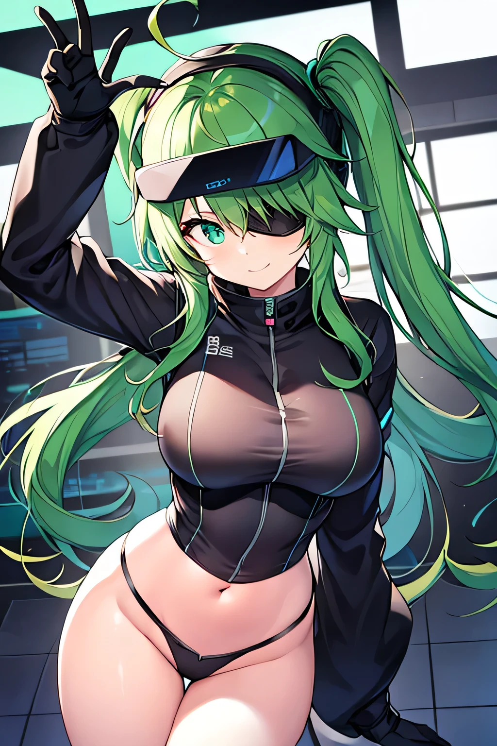 One girl, Green Hair, vr visor, visor, Head-mounted display, ((eyes covered)), eyes covered, Bodysuits, black Bodysuits, sf, mechanical, Futuristic, technology, neon, neon trim, Large , Thick thighs, Wide Hips, Shakeing hips, hip Shake, Shake, Put your arms behind your back, Raise the hand, smile, Anime Style, Anime screenshots, 2D, ((Shake胸)), Shake胸