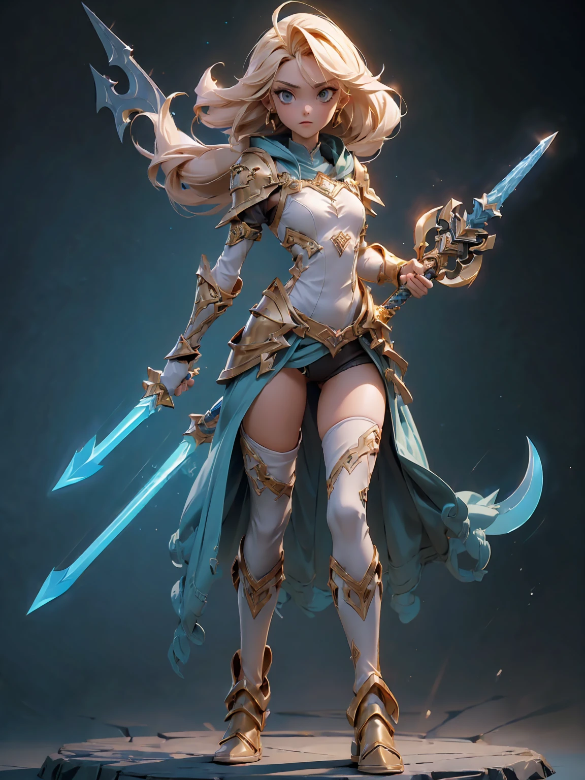Design a layout showcase Gaming character, (1girl). Golden+Purle clothes, stylish and unique, ((showcase weapon:1.4)), magic staff, (masterpiece:1.2), (best quality), 4k, ultra-detailed, (Step by step design, layout art:1.5), (luminous lighting, atmospheric lighting), magican, ((glove full hands)), (((revealing clothes:1.3))), vambraces, armored legwear, (((full_body_shot:1.4)))