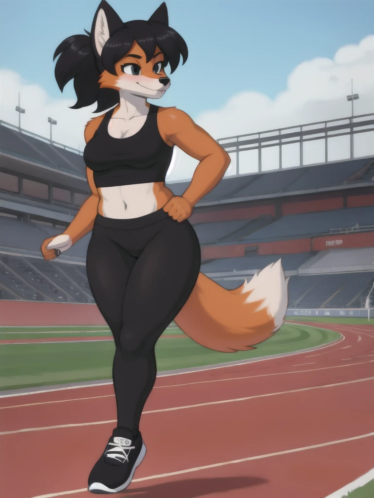 Furry, fox, female, black shirt, black leggings, shoes, running track, solo, full body