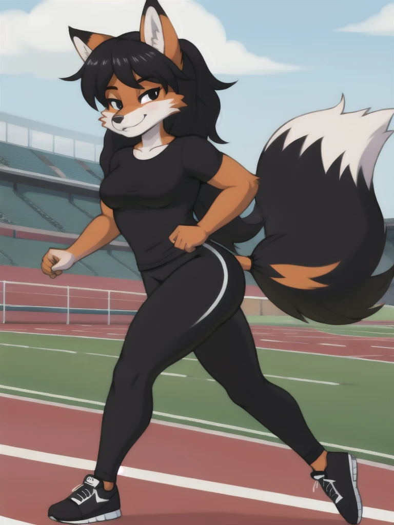 Furry, fox, female, black shirt, black leggings, shoes, running track, solo, full body