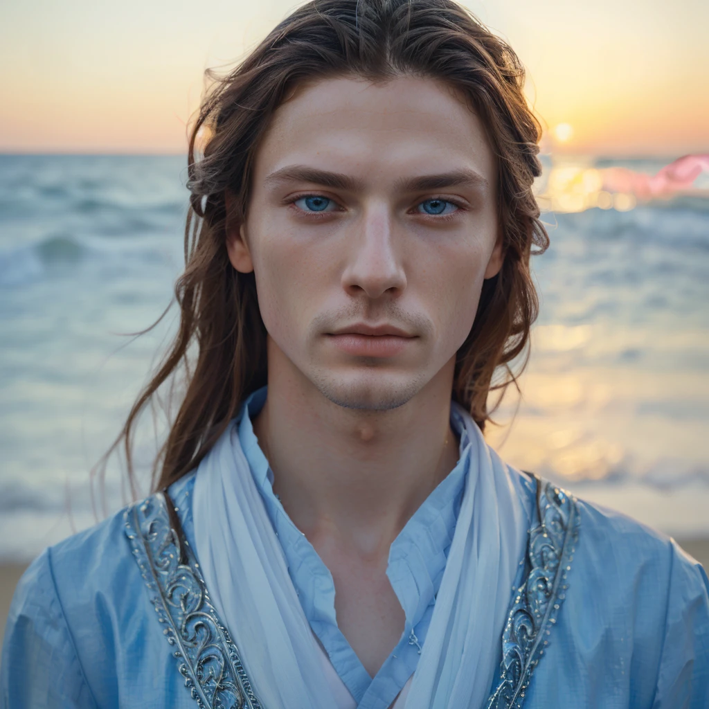 man with long hair and blue eyes standing on the beach, fantasy male portrait, soft portrait shot 8 k, portrait of a man, beautiful androgynous prince, a portrait of a man, attractive androgynous humanoid, delicate androgynous prince, beautiful male, close - up portrait shot, portrait shot