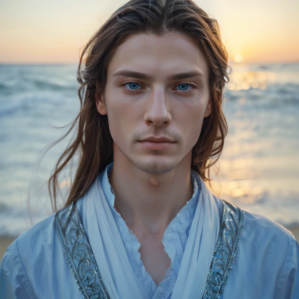 man with long hair and blue eyes standing on the beach, fantasy male portrait, soft portrait shot 8 k, portrait of a man, beautiful androgynous prince, a portrait of a man, attractive androgynous humanoid, delicate androgynous prince, beautiful male, close - up portrait shot, portrait shot