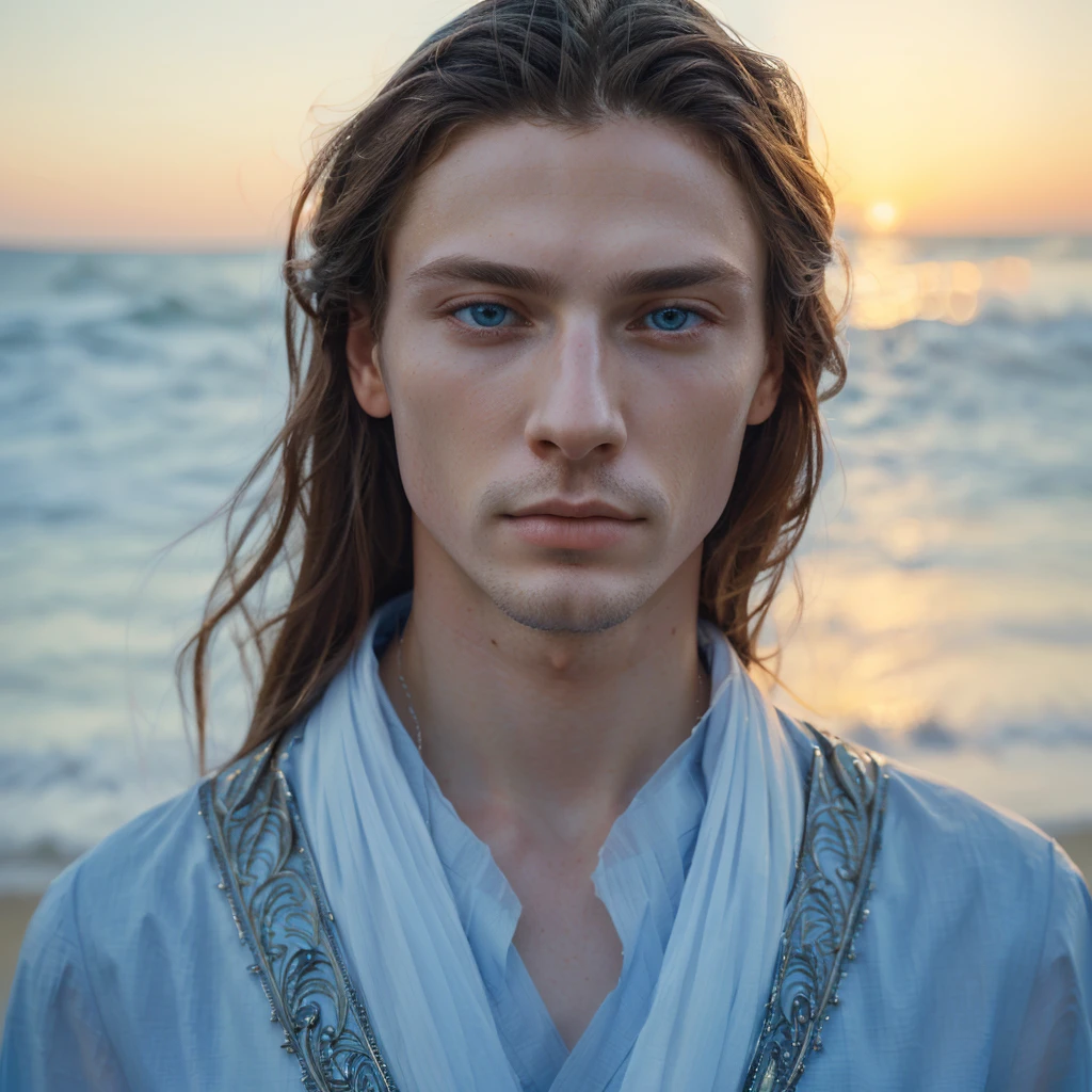 man with long hair and blue eyes standing on the beach, fantasy male portrait, soft portrait shot 8 k, portrait of a man, beautiful androgynous prince, a portrait of a man, attractive androgynous humanoid, delicate androgynous prince, beautiful male, close - up portrait shot, portrait shot