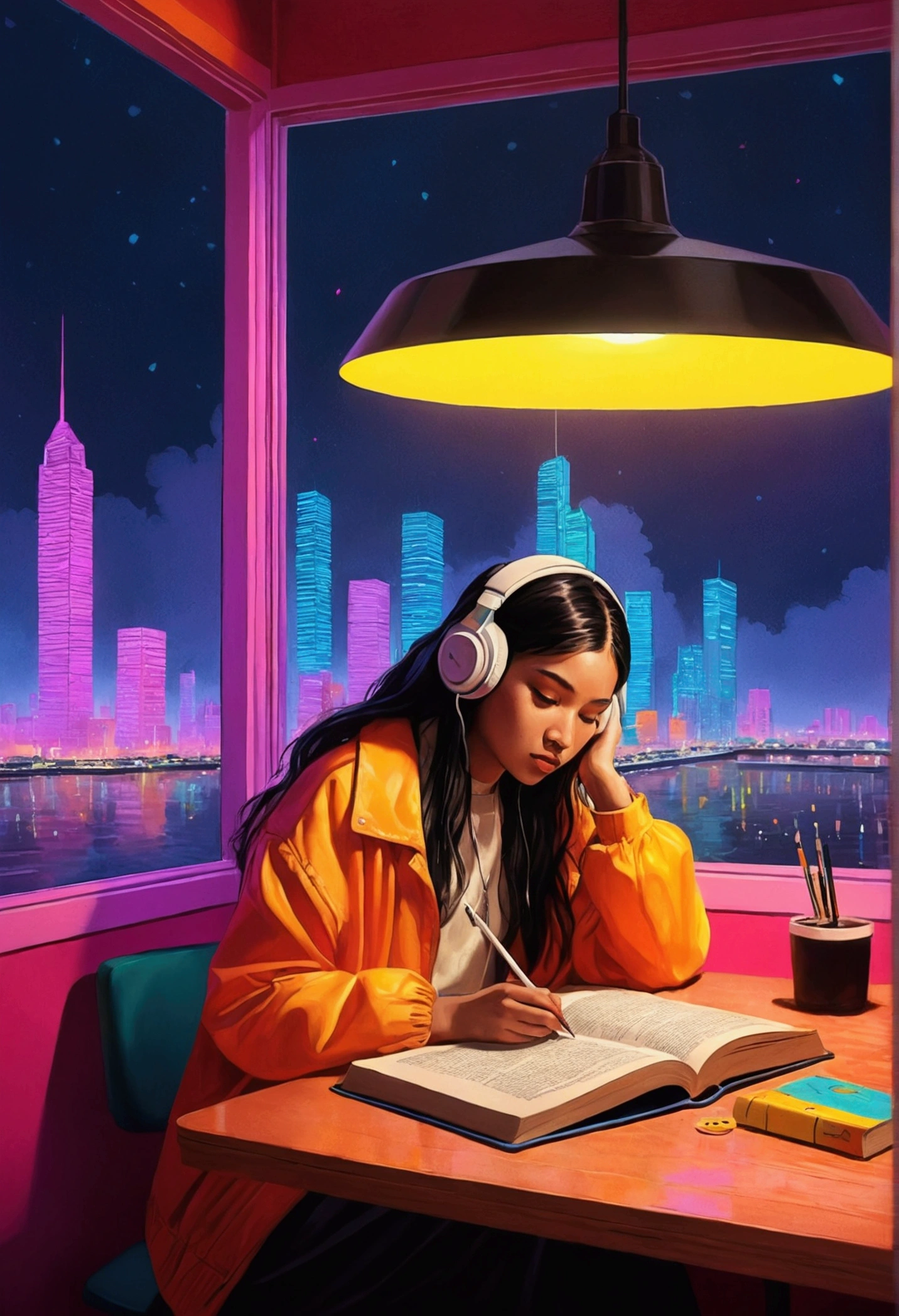(praise), Girl studying at table, Reading a book, Headphones , Night Light, Neon scenery on a rainy day,Analog Color Theme, Lo-fi hip hop , retrospective exhibition, flat, 2.5D ,Line art, Ink Painting, Large slope, Watercolor, Goose color, Very colorful, outcome, Synthwave, praise art,90s Style,Old Texture, amplitude,90&#39;Atmosphere of, Tabletop, Great skills,Hold the pen with your right hand only,Immerse yourself in research,