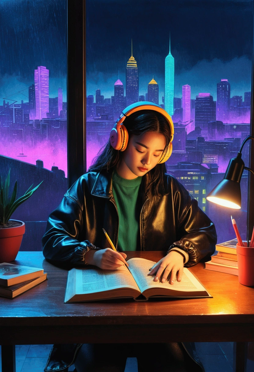 (praise), Girl studying at table, Reading a book, Headphones , Night Light, Neon scenery on a rainy day,Analog Color Theme, Lo-fi hip hop , retrospective exhibition, flat, 2.5D ,Line art, Ink Painting, Large slope, Watercolor, Goose color, Very colorful, outcome, Synthwave, praise art,90s Style,Old Texture, amplitude,90'Atmosphere of, Tabletop, Great skills,Hold the pen with your right hand only,Immerse yourself in research,