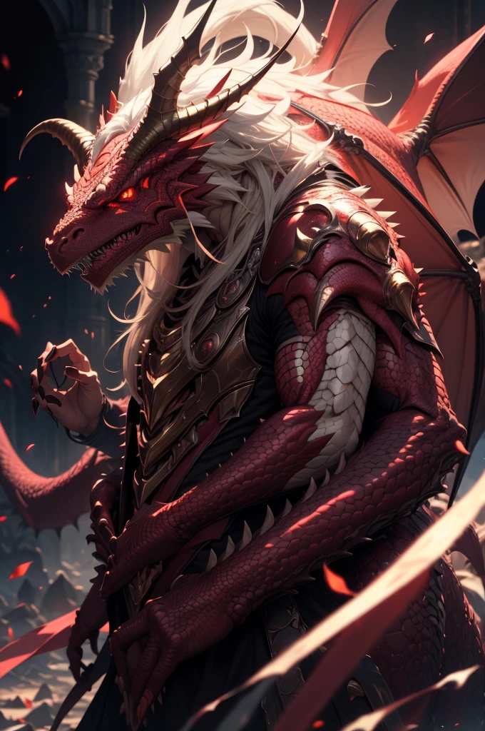 male red blood dragon, 4 arms, horns, golden eyes, long white hair, detailed dragon anatomy, hyper realistic, 8k, high resolution, photorealistic, dramatic lighting, vibrant colors, cinematic composition , fantasy art, dark fantasy