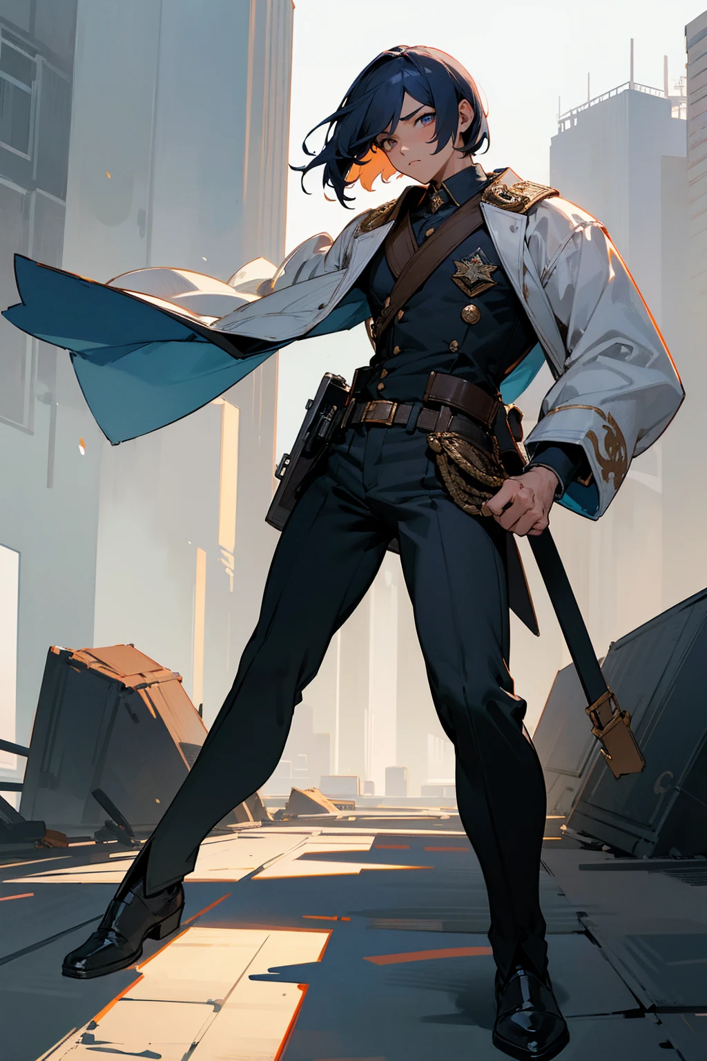 Masterpiece Quality, Perfect Generation, Sclera, Detailed Eyes, , Clothing, Calm Expression, , Building Background, Full Body, facing viewer, Standing , , ,, , combat clothing, , random color hair, random style, Random Eyes, Muscular, , military, , male, fighter