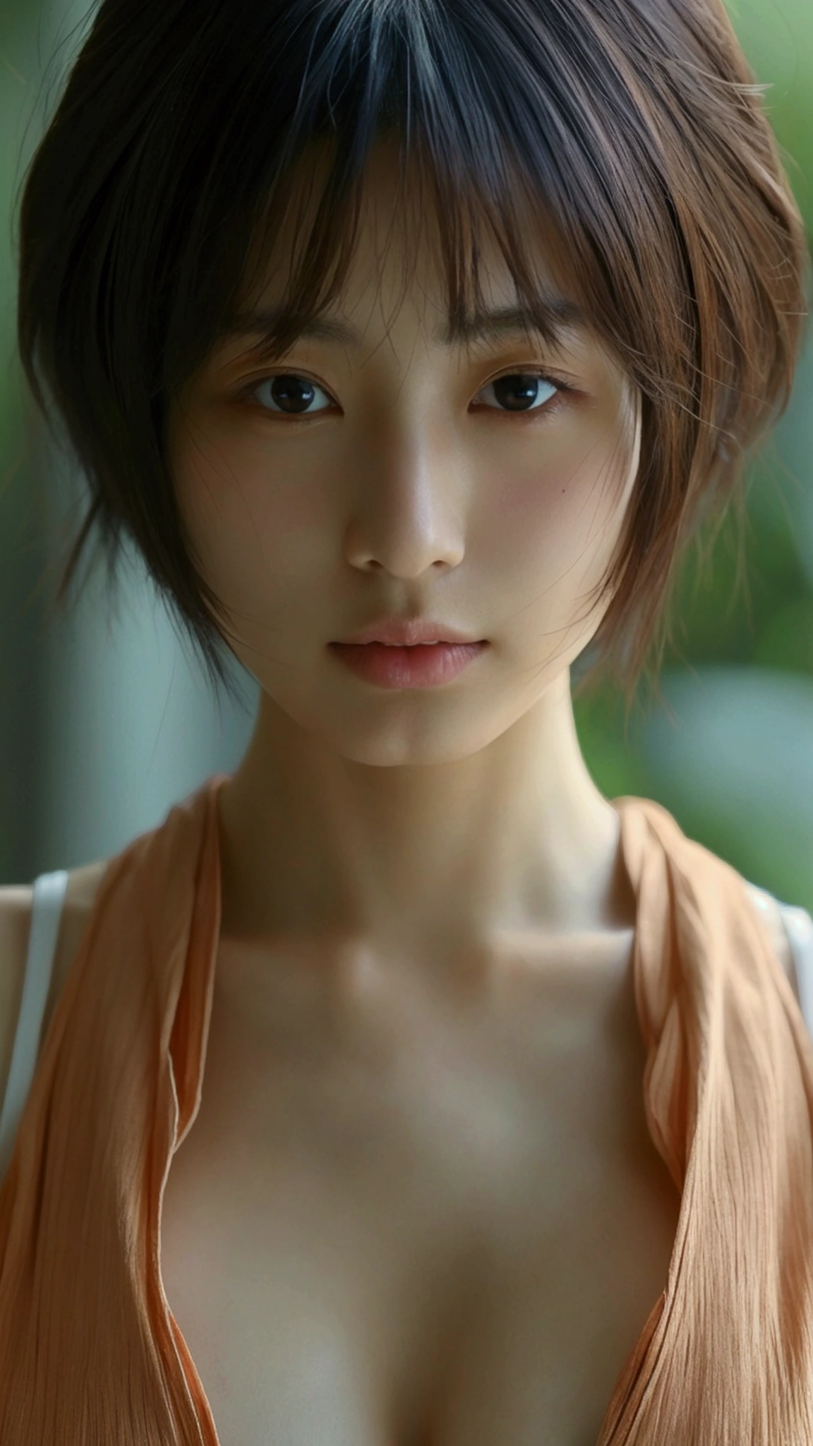 Japanese women、Clothes that do not expose skin、summer、Close-up of face and chest、short hair
