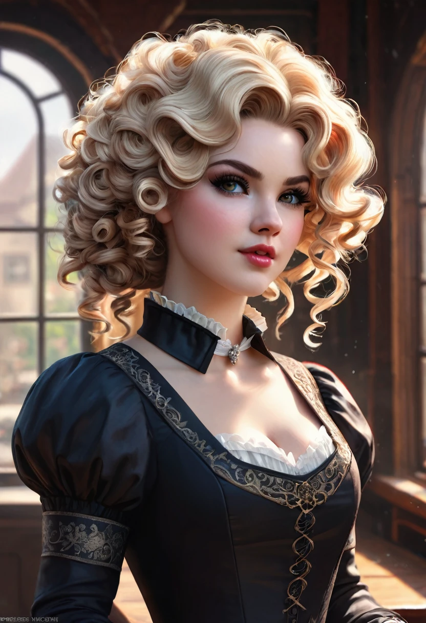 Beautiful Dickensian woman. A proper Lady, modest, moral, prim & proper. Innocent. with hair that is coarse, wiry, and tightly curled. It often has a rough texture, feels stiff to the touch, and may be prone to frizz and tangling. The curls can be densely packed. . The Official Art – An Award-Winning Digital Masterpiece In 4K Ultra HD, Extreme Detail And Intricate Realism. This Concept Art Brought To Life By The Hands Of Artists Like Wlop & Artgerm In A Stunning 2D Vector Illustration. Paige Renee Spiranac. LArge, perky, full, well shaped pleasing breasts. Background is a panoramic vista.