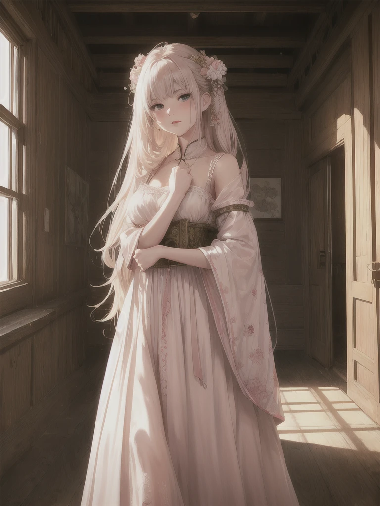 In the antique attic{{{masterpiece}}}, {{{best quality}}}, {{Extremely detailed}}, {light}, {illustration}, {Beautiful and delicate eyes}, {1 Girl}, Extremely detailed, 1 Girl, Solitary,, Double tail, For the audience, In the antique attic , Slightly narrowed eyes, Perfect face, White skin, Noble and beautiful, Flawless, Angry expression, Intricate details, 18-year-old girl wearing chiffon Chinese long skirt, ,A light pink dress with various decorations hanging on the hair