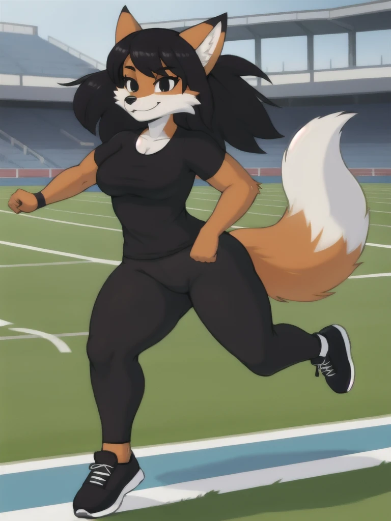Furry, fox, female, black shirt, black leggings, shoes, running track, solo, full body