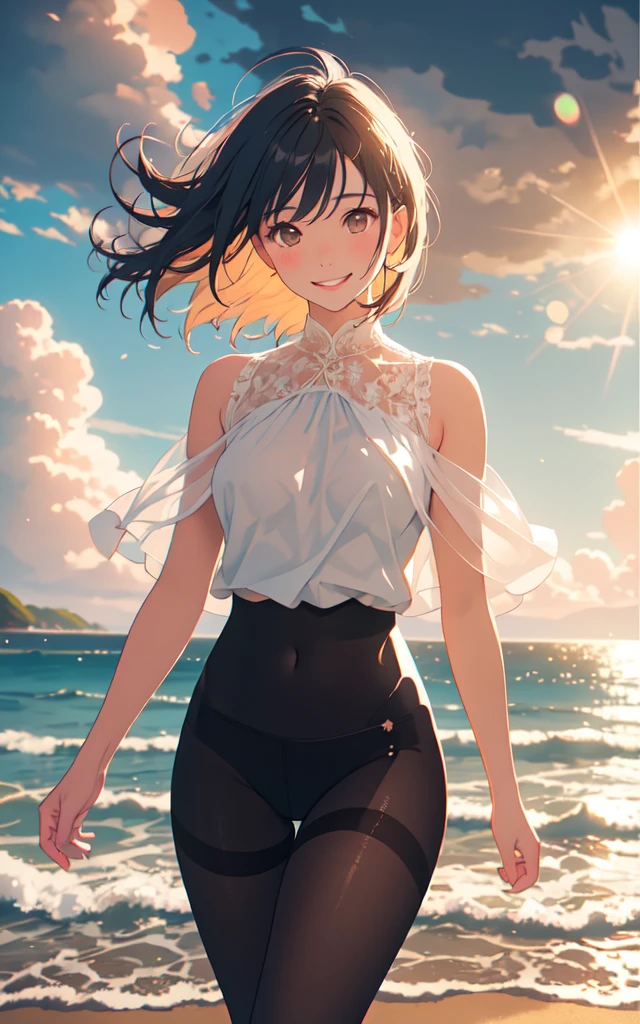 Front facing, facing this way、A more beautiful smile、More beautiful and more see-through summer clothes、More beautiful thighore beautiful pantyhose、Walking on a beautiful beach during a beautiful storm, Beautiful dark clouds, (Cowboy Shot:1.4), Beautiful and realistic, Beautiful masterpiece, Beautiful and top quality, Beautiful backlight, (Lens flare:1.1), (bloom:1.1), (chromatic aberration:1.1)