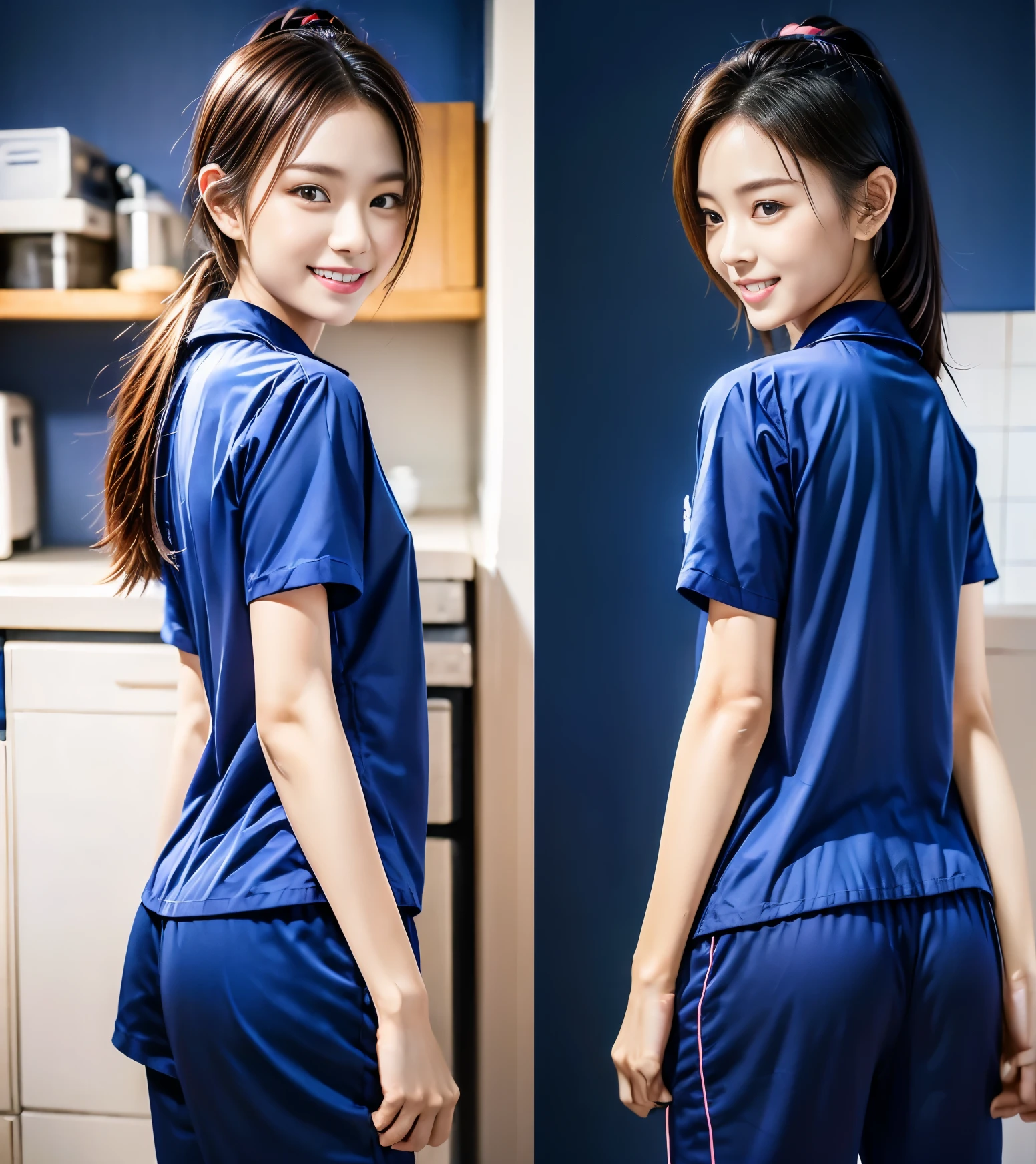 (best quality,10,10,height,Masterpiece:1.2),Special details,(realistic,ภาพrealistic,Realistic photos:1.37),1 Cute girl in the kitchen,shiny, ผิวshiny,only,smile softly,BDclothelue shirt:1.3)),short sleeve,shirt, กางเกงขาlong.,(navy_long_track pants:1.1), ((Kitchen Background)),Dynamic angle,excited,Face focus,dynamic poses,from behind,focus on ass,Masterpiece, best quality, ultra realistic, hyper detail, 8k resolution, raw photos, Sharp focus, ((Navy blue shirt:1.1)), short sleeve, เส้นทางlong, perfect body, 2 mature women, 18 years old, Cinema-grade lighting system,blue sweatpants,shirtผ้าออกกำลังกาย,correct anatomy,perfect body, correct body, Sharp face, correct bodyทางกายวิภาค, full body, realistic gestures, long-haired, realistic poses,Wear long shorts...........................,ช่วงขาlong,Good shape,carved girl, Slender figure, model, Good shape, beautiful body,blue sweatpants, two girls kissing