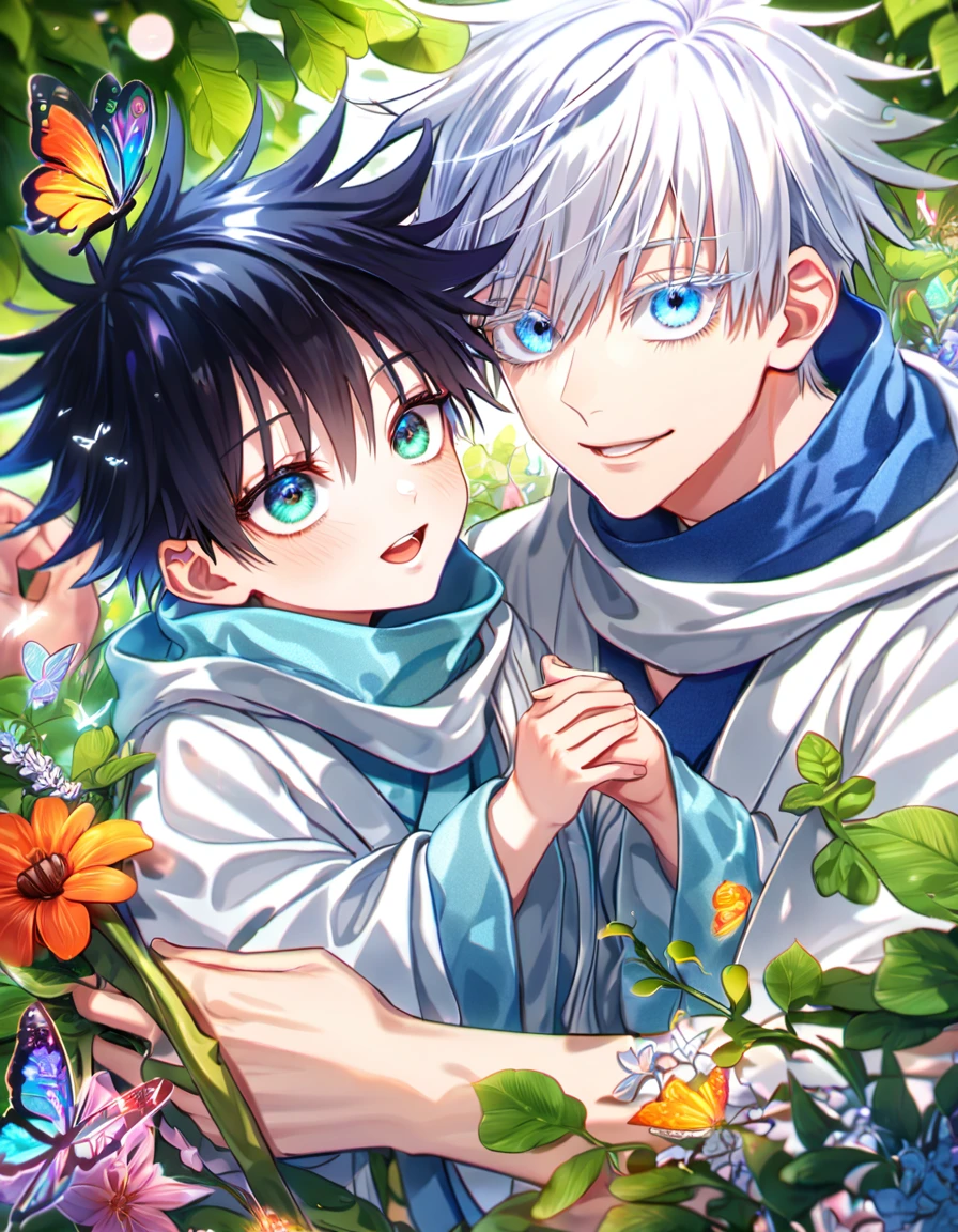 Ultra detailed, HDR, Highres, absurdres, master piece, Gojou Satoru as a kid, white hair with bangs, expressive blue eyes, white eyelashes, Fushiguro Megumi as a kid, black hair, expressive green eyes, white haori, light blue kimono, Jujutsu Kaisen, flowers, butterflies, fantasy, magical, green leaves, summer, two little kids together, gay couple, yaoi, cute, smiling