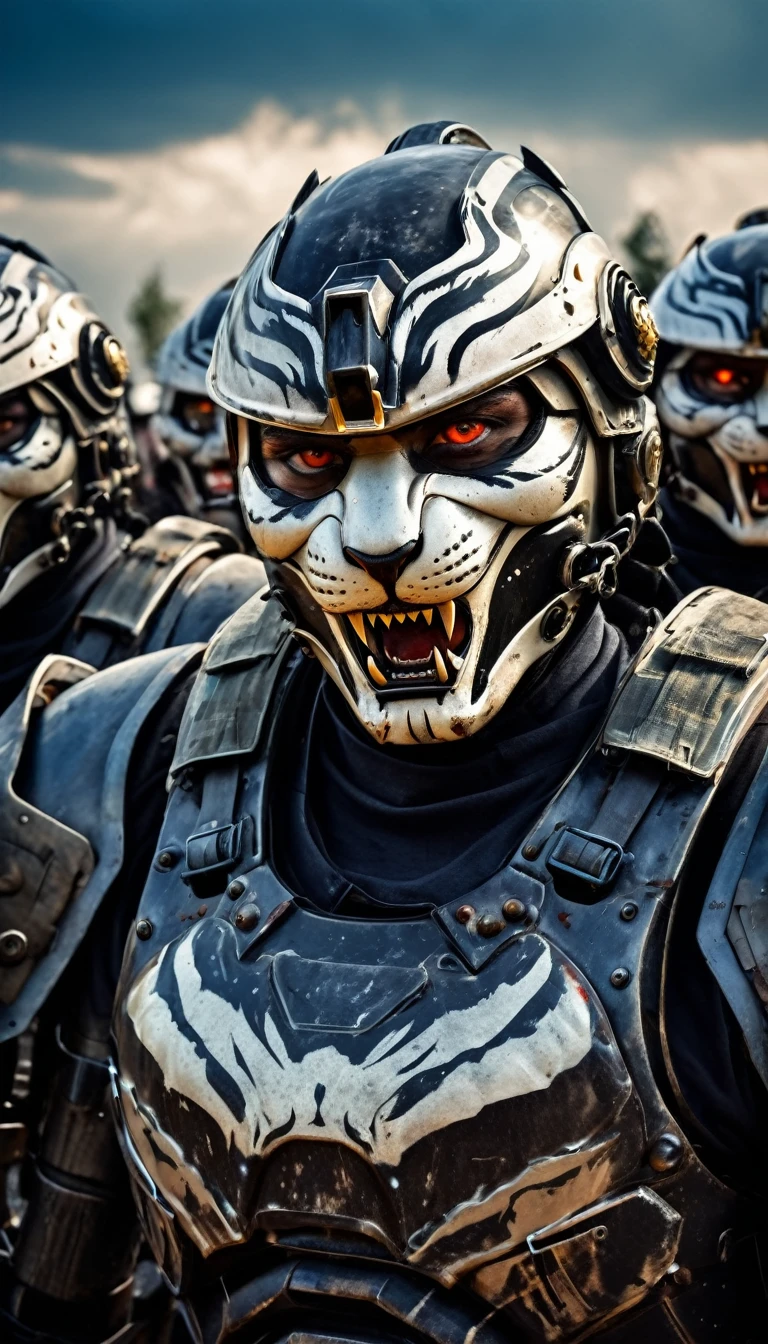 Close-up of a handsome male vampire soldier, half human, half tiger, their faces partially obscured by military helmets. Their eyes are filled with hapiness and longing. The background is a trail of blood and violence. He wears a mechanized robot armor, carved with animal elements, human skulls. The sky is filled with swirling, fiery clouds. The photo conveys a strong sense of the warrior's appearance, ((screaming))