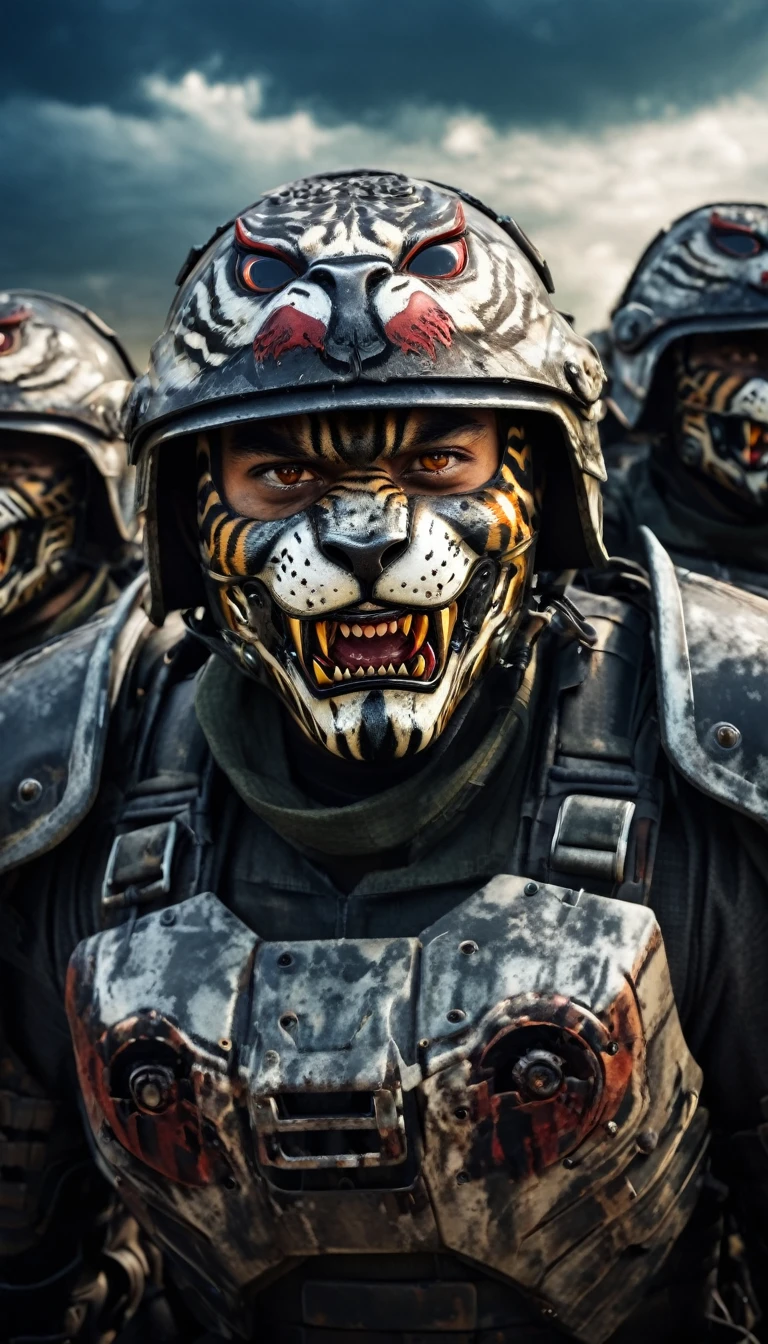Close-up of a handsome male vampire soldier, half human, half tiger, their faces partially obscured by military helmets. Their eyes are filled with hapiness and longing. The background is a trail of blood and violence. He wears a mechanized robot armor, carved with animal elements, human skulls. The sky is filled with swirling, fiery clouds. The photo conveys a strong sense of the warrior's appearance, ((screaming))