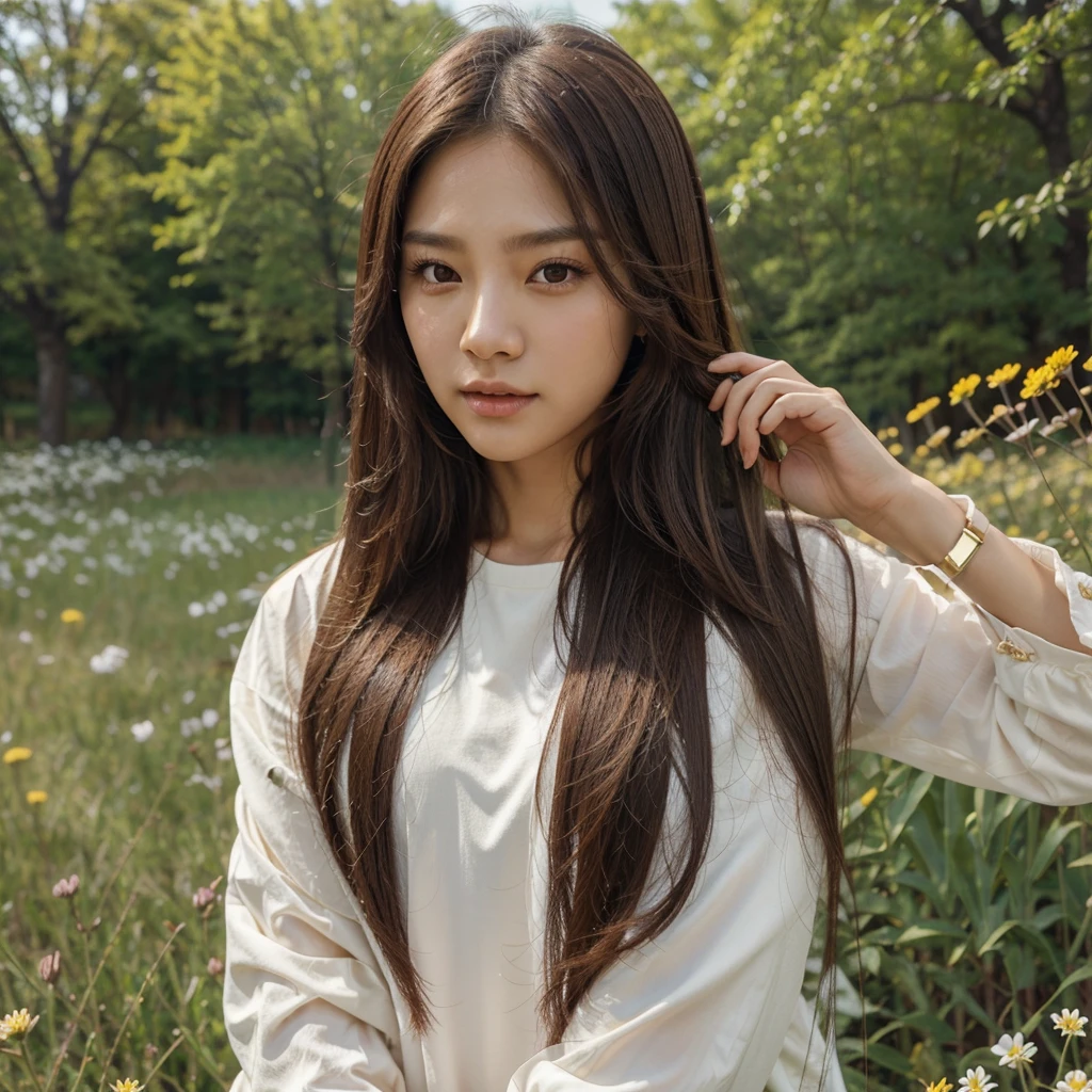  Kpop idol,king, long brown straight hair, combination of latin and korean,pretty body, Brown eyes, with spring and soft concept, in a field of female flowers
