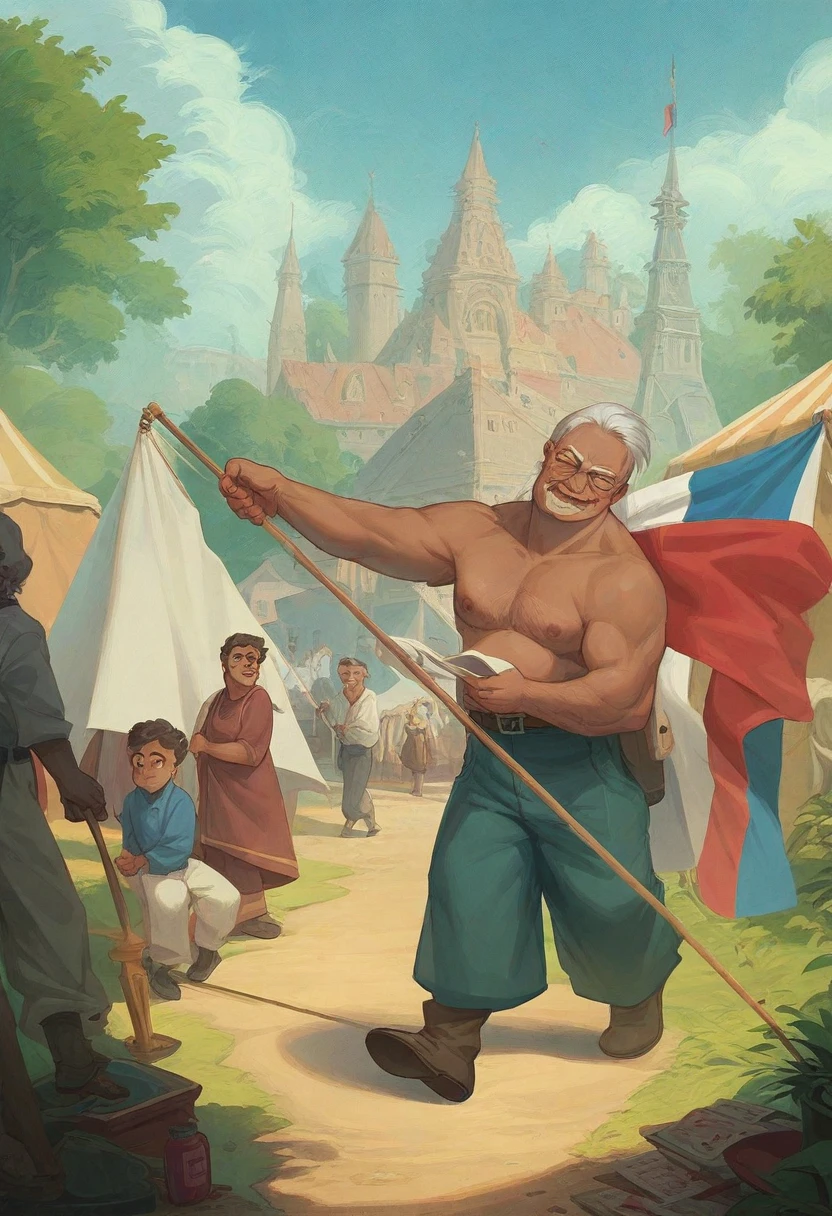 several people are around a tent with a flag, 30-year-old woman from cuba, por David Rubin, puerto rico, by Ramon Silva, by Ceferí Olive, malika favre, by Olivia Peguero, valentine shuffle, by José Malhoa, holding a white flag, by Juan Gimenez