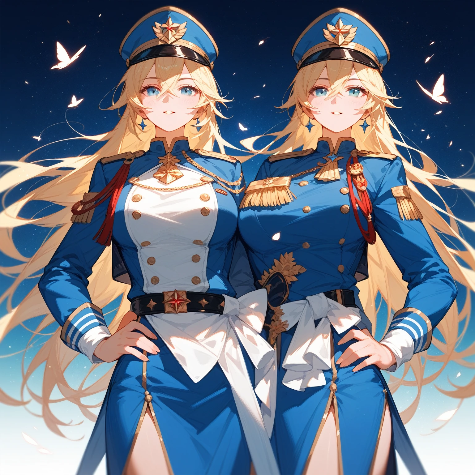 {{wonderful}}, Highest quality, Ultra-detailed CG Unity 8k Wallpaper, Beautiful details、Blonde、Wearing a uniform and hat、Woman standing with hands on hips, Inspired by Le Chevalier, from Girls' Frontline, The finer details. Girls' Frontline, Official character art, Anime Maid SS Military, A delicate androgynous prince, Beautiful androgynous prince, Danganronpa digital art, Girls' Frontline style, Kschaert Krentz Key Art Feminine、whole body画、Front view、Character Sheet、Mr.々A pose、whole body、Character portrait、Standing posture、three views、whole body画