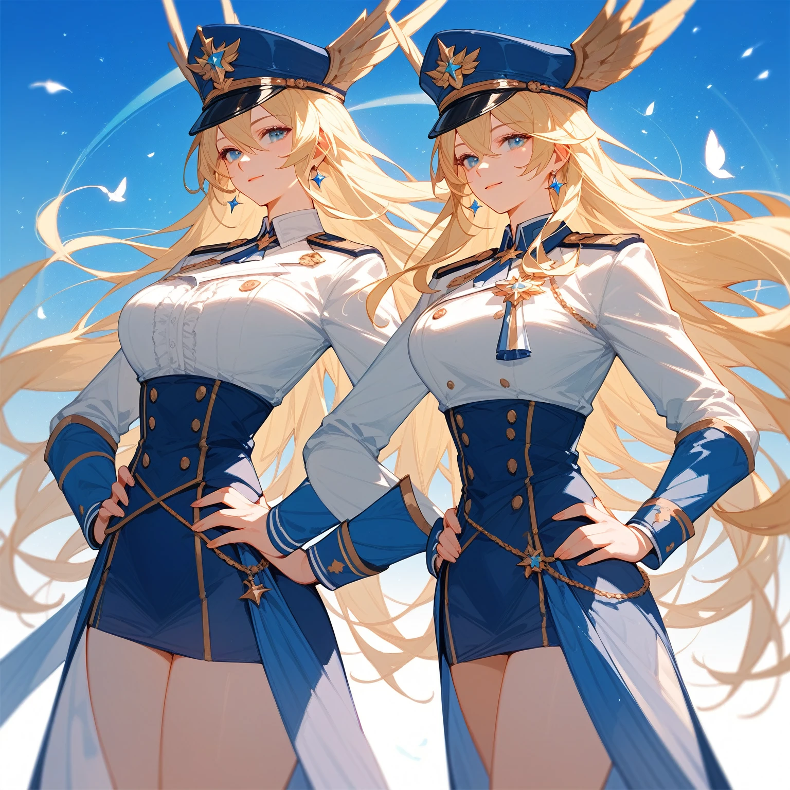 {{wonderful}}, Highest quality, Ultra-detailed CG Unity 8k Wallpaper, Beautiful details、Blonde、Wearing a uniform and hat、Woman standing with hands on hips, Inspired by Le Chevalier, from Girls&#39; Frontline, The finer details. Girls&#39; Frontline, Official character art, Anime Maid SS Military, A delicate androgynous prince, Beautiful androgynous prince, Danganronpa digital art, Girls&#39; Frontline style, Kschaert Krentz Key Art Feminine、whole body画、Front view、Character Sheet、Mr.々A pose、whole body、Character portrait、Standing posture、three views、whole body画