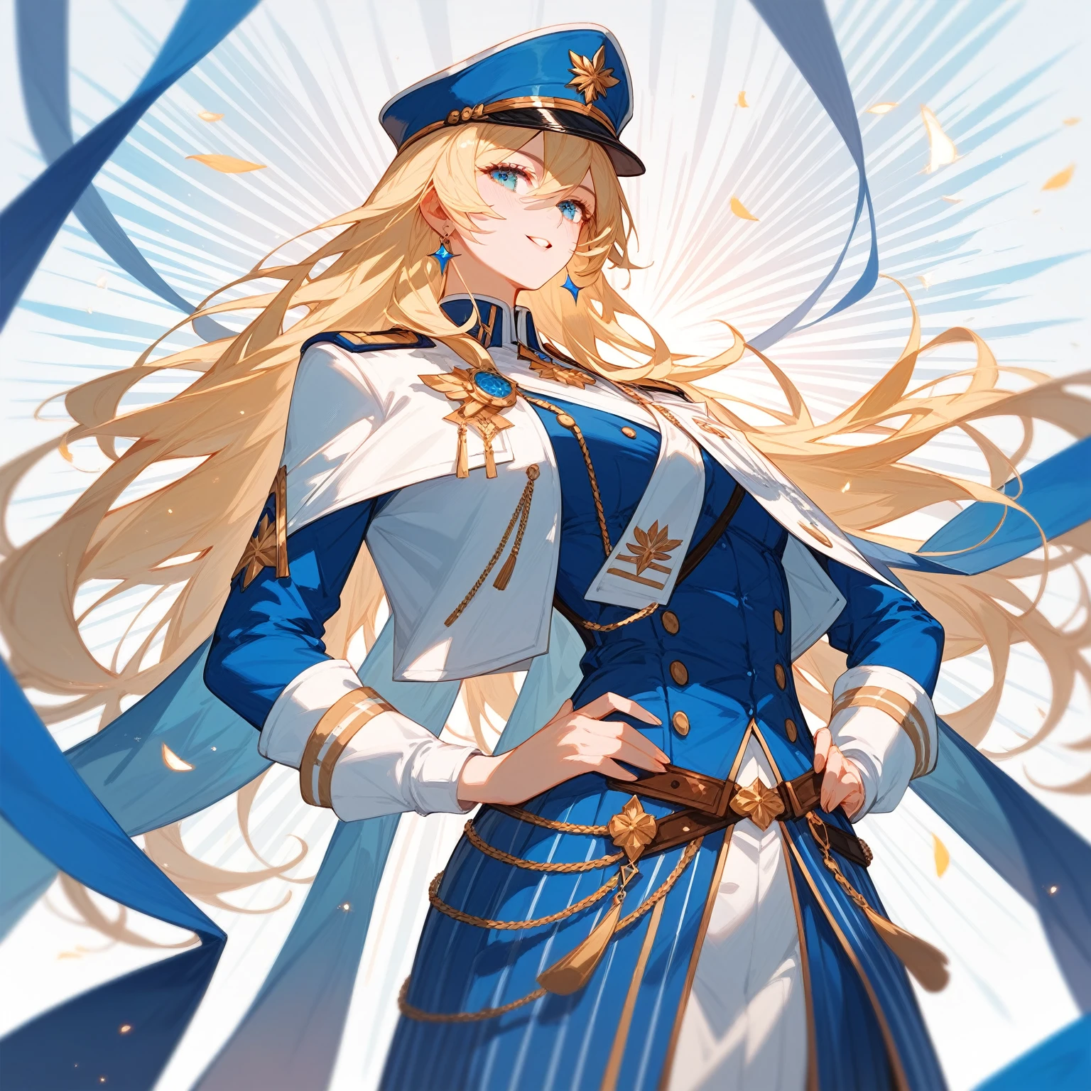 {{wonderful}}, Highest quality, Ultra-detailed CG Unity 8k Wallpaper, Beautiful details、Blonde、Wearing a uniform and hat、Woman standing with hands on hips, Inspired by Le Chevalier, from Girls' Frontline, The finer details. Girls' Frontline, Official character art, Anime Maid SS Military, A delicate androgynous prince, Beautiful androgynous prince, Danganronpa digital art, Girls' Frontline style, Kschaert Krentz Key Art Feminine、whole body画、Front view、Character Sheet、Mr.々A pose、whole body、Character portrait、Standing posture、three views、whole body画