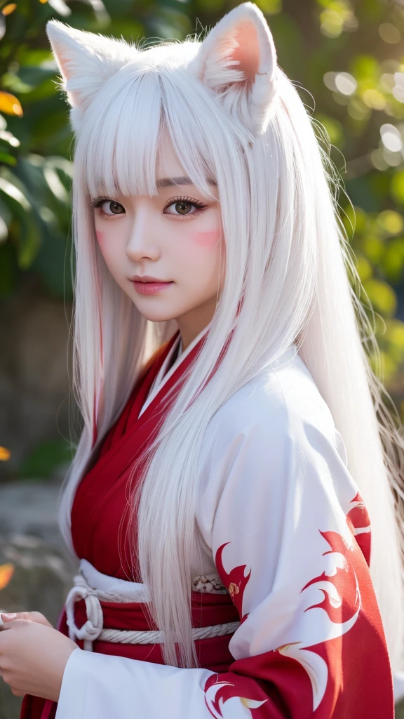 White Demon Fox、Nine-tailed Fox、Japanese women、kimono、Fair skin、Red lines on face、8K、I have long hair