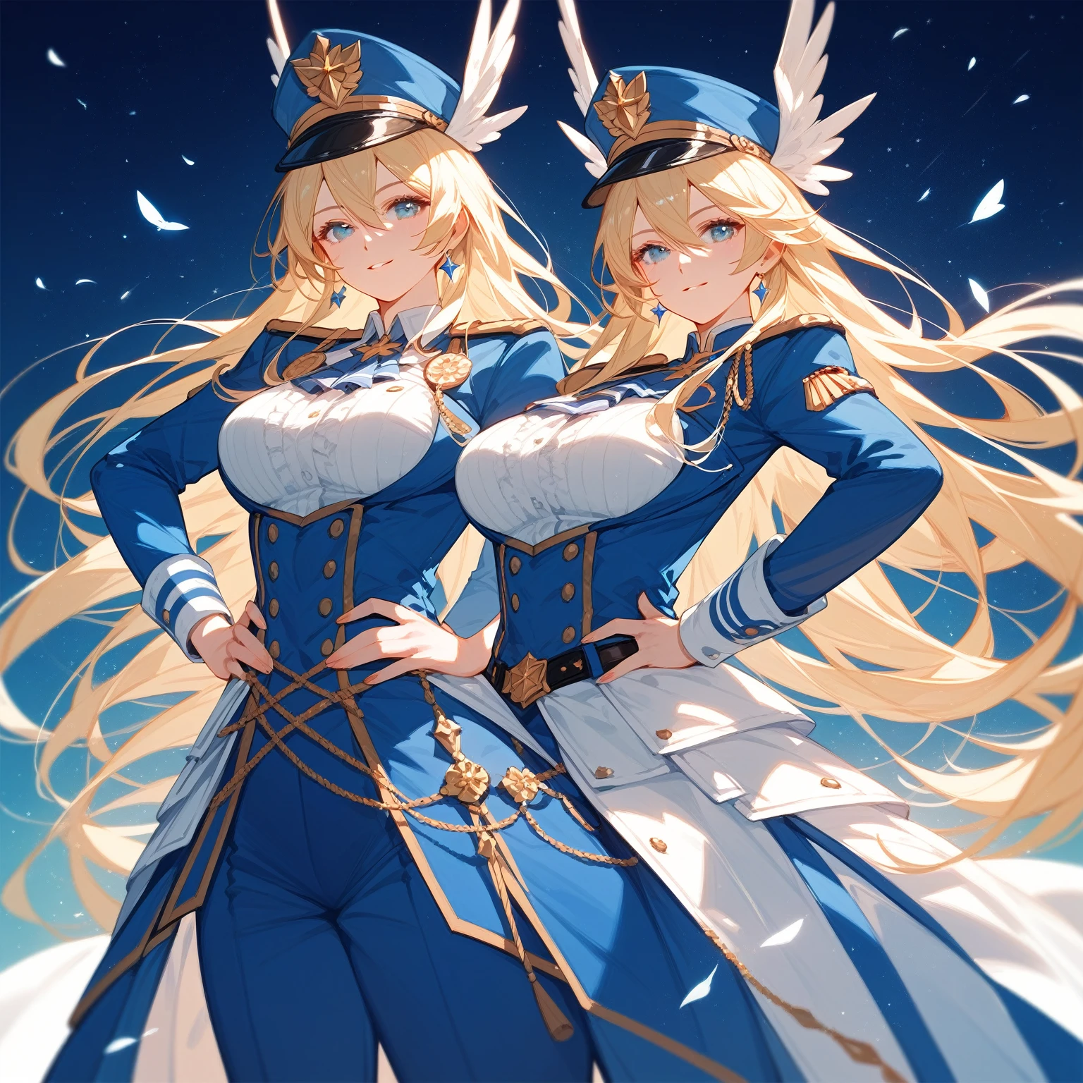 {{wonderful}}, Highest quality, Ultra-detailed CG Unity 8k Wallpaper, Beautiful details、Blonde、Wearing a uniform and hat、Woman standing with hands on hips, Inspired by Le Chevalier, from Girls&#39; Frontline, The finer details. Girls&#39; Frontline, Official character art, Anime Maid SS Military, A delicate androgynous prince, Beautiful androgynous prince, Danganronpa digital art, Girls&#39; Frontline style, Kschaert Krentz Key Art Feminine、whole body画、Front view、Character Sheet、Mr.々A pose、whole body、Character portrait、Standing posture、three views、whole body画