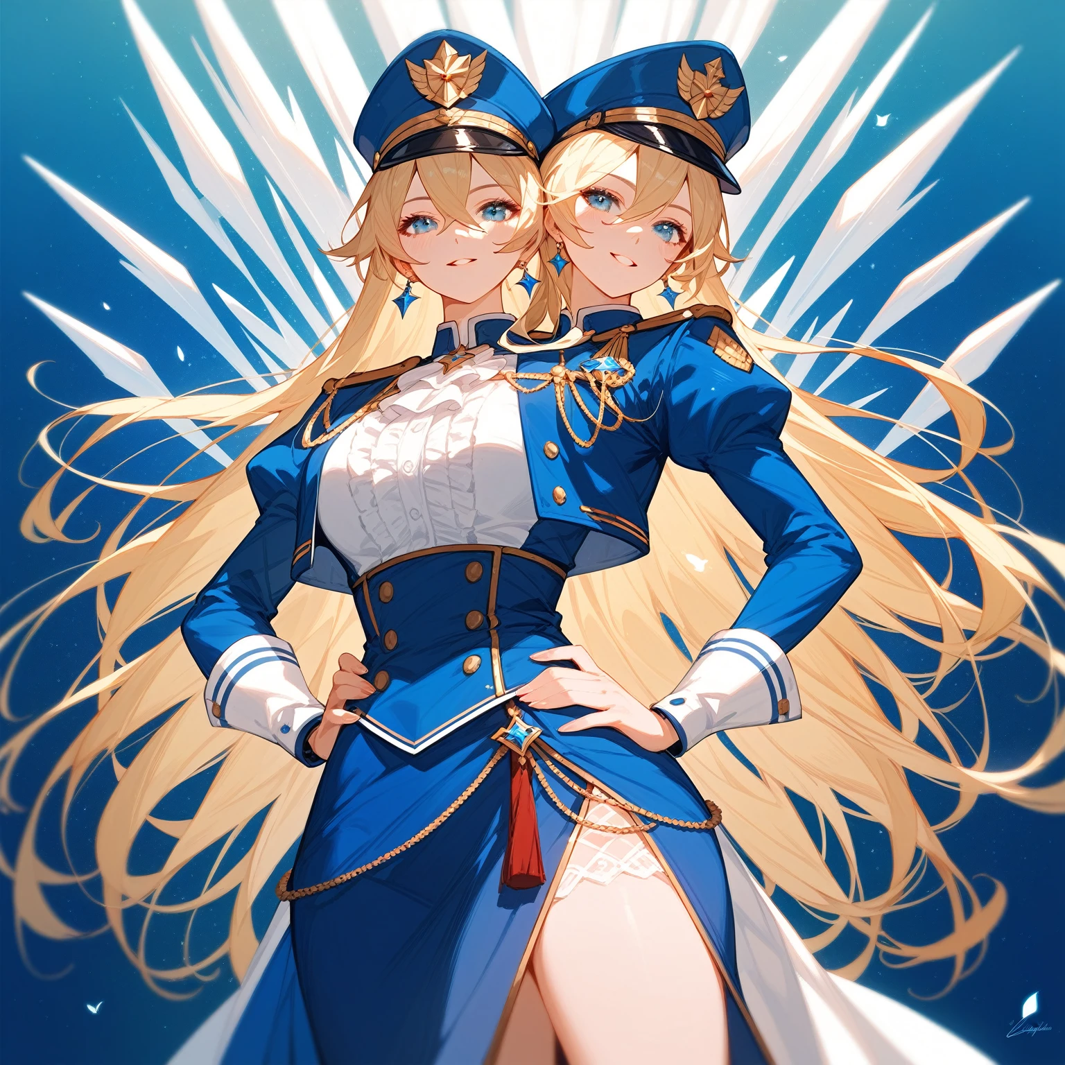{{wonderful}}, Highest quality, Ultra-detailed CG Unity 8k Wallpaper, Beautiful details、Blonde、Wearing a uniform and hat、Woman standing with hands on hips, Inspired by Le Chevalier, from Girls&#39; Frontline, The finer details. Girls&#39; Frontline, Official character art, Anime Maid SS Military, A delicate androgynous prince, Beautiful androgynous prince, Danganronpa digital art, Girls&#39; Frontline style, Kschaert Krentz Key Art Feminine、whole body画、Front view、Character Sheet、Mr.々A pose、whole body、Character portrait、Standing posture、three views、whole body画