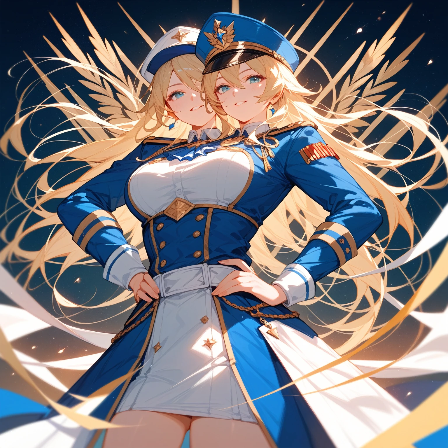 {{wonderful}}, Highest quality, Ultra-detailed CG Unity 8k Wallpaper, Beautiful details、Blonde、Wearing a uniform and hat、Woman standing with hands on hips, Inspired by Le Chevalier, from Girls' Frontline, The finer details. Girls' Frontline, Official character art, Anime Maid SS Military, A delicate androgynous prince, Beautiful androgynous prince, Danganronpa digital art, Girls' Frontline style, Kschaert Krentz Key Art Feminine、whole body画、Front view、Character Sheet、Mr.々A pose、whole body、Character portrait、Standing posture、three views、whole body画