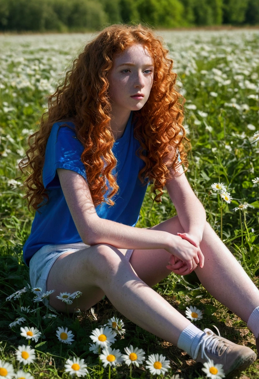 (Girl:1.2),alone, (long curly ginger hair:1.1), Brown eyes, Sit in a field of daisies, (fruit basketball:1.1), blue shorts, Red shirt,,raw,Photographic,Photographic shadows,actual,Ridiculous,Aesthetic,elegant nude