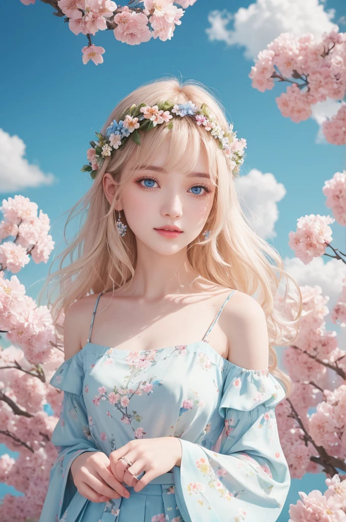 japanese_开florals, case_florals petal, florals petal, branch, florals, 1 girl,20yr old, Blue_Skysky, springtime_\(seasShow on the\), florals petal_Show on the_liquids, florals, florals, a skirt, (LShow on theg curly blShow on thede hair:1.5), Wear florals ring, externalsk,Cloudy bangs,ssmile,a Blue eyes,White a skirt embellished,shoulder,ear nipple ring,Best quality。perfect image quality。fail_florals,wind,that tree,lookingat_Show on the_peeping at the viewer,cow boy shot,Detail Enhancement。