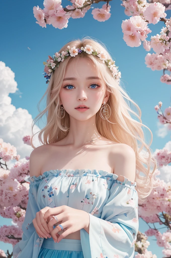 japanese_开florals, case_florals petal, florals petal, branch, florals, 1 girl,20yr old, Blue_Skysky, springtime_\(seasShow on the\), florals petal_Show on the_liquids, florals, florals, a skirt, (LShow on theg curly blShow on thede hair：1.5), Wear florals ring, externalsk，Cloudy bangs，ssmile，a Blue eyes，White a skirt embellished，shoulder，ear nipple ring，Best quality。perfect image quality。fail_florals，wind，that tree，lookingat_Show on the_peeping at the viewer，cow boy shot，Detail Enhancement。