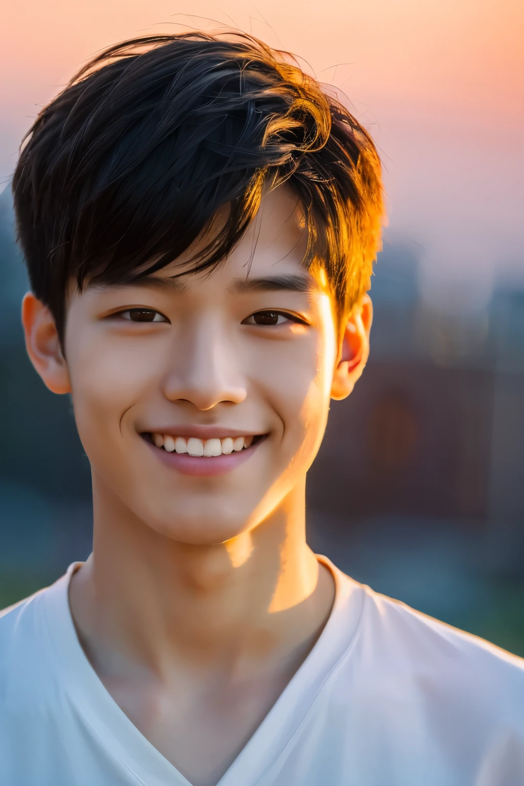 Highest quality, masterpiece, Ultra-high resolution, (Realistic: 1.4), Original photo, wallpaper, Head Photo, skin, Simple Background, Iris, detailed, Selfie, 1 boy, 18-year-old, good looking, Wind,Sunset、smile