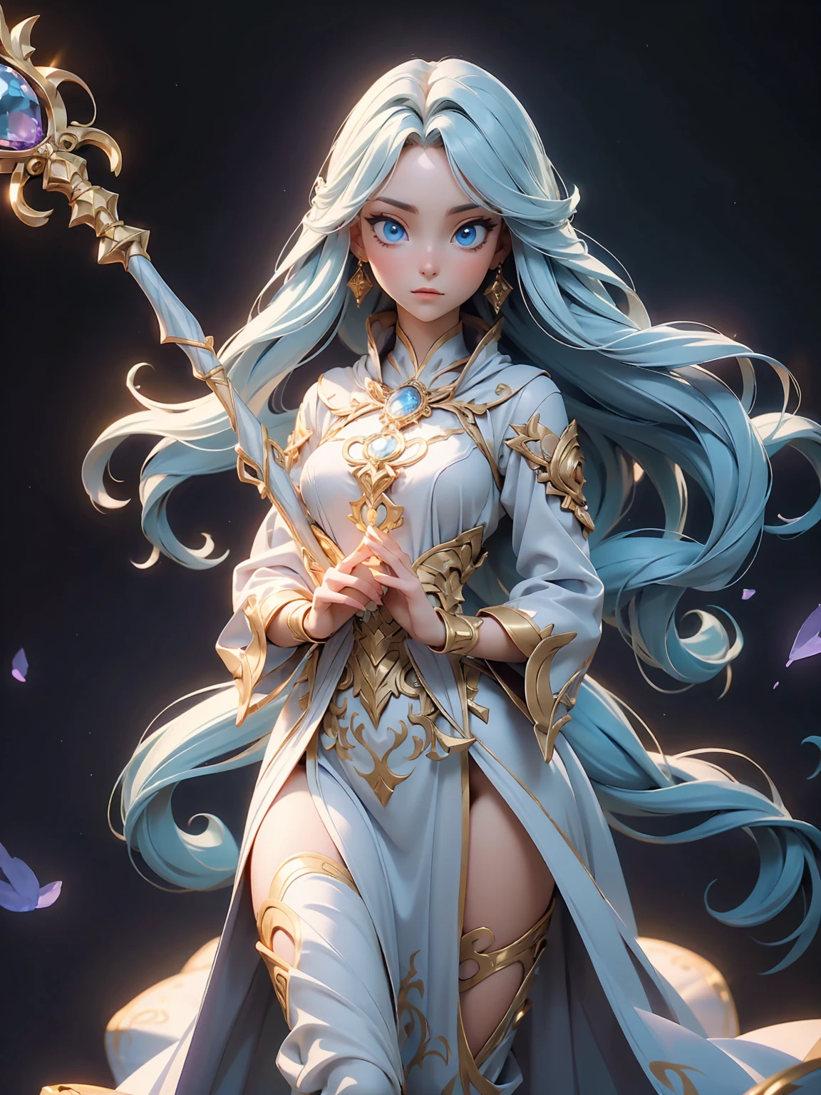 ((alta qualidade),(fantasia),(design de personagens),(Elfo Feminino),(Misterioso),(Encantadora),(traje detalhado),(pose elegante),(magic background),(ethereal light)), pricesa guerreira, mostrando todas partes do corpo, sobre um pedestal redendo