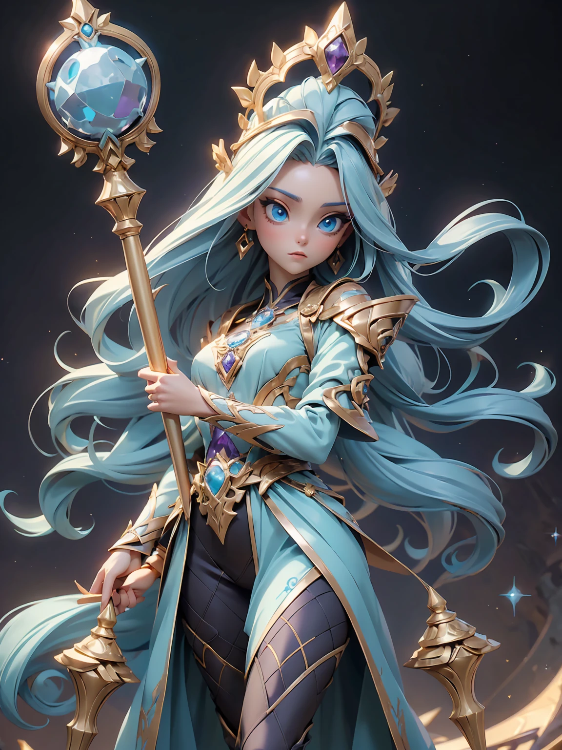 A stunning artwork of a majestic female character standing in an enchanting, mystical landscape. The full-body view showcases her in stylish and unique clothes of gold and purple, exuding an aura of elegance and power. Her long, flowing golden hair frames a face of regal beauty, highlighted by light blue eyes that radiate wisdom and an otherworldly charm. She holds a magic staff, intricately designed and glowing with mystical energy, adding to her majestic presence.