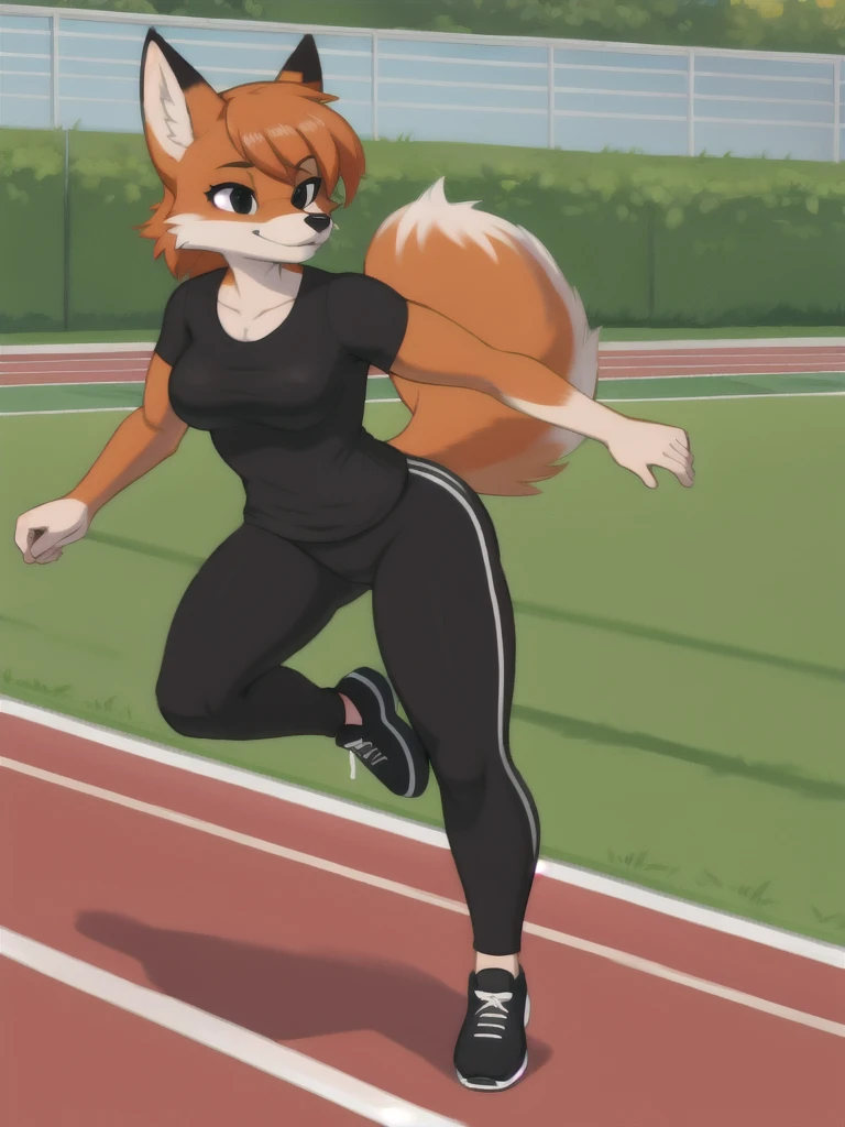 Furry, fox, female, black shirt, black leggings, shoes, running track, solo, full body