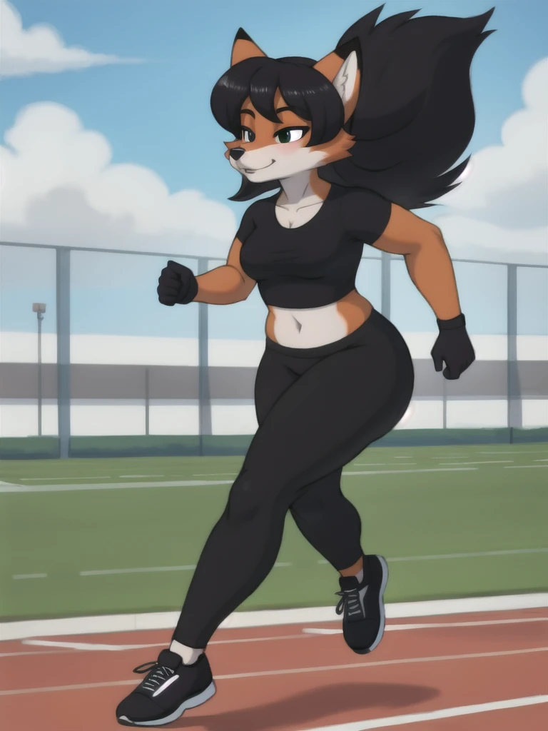 Furry, fox, female, black shirt, black leggings, shoes, running track, solo, full body
